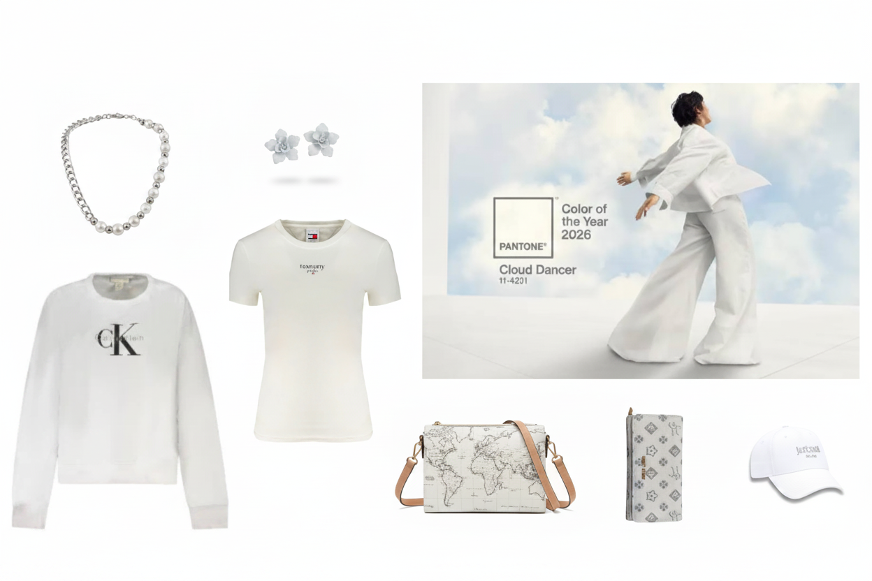 "Mood board Cloud Dancer Pantone 2026 con outfit e accessori bianchi Tredi Bijoux"