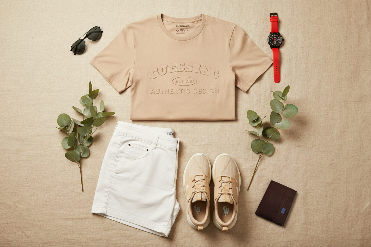 Outfit uomo primavera 2026: t-shirt Guess Jeans sabbia, Nike, occhiali Calvin Klein, orologio Poedagar e portafoglio in pelle