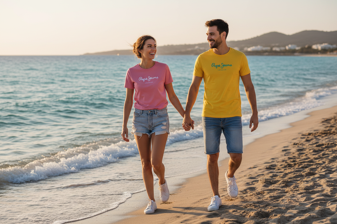"Coppia in look coordinato Pepe Jeans London estate 2026 — t-shirt rosa donna e gialla uomo al mare"