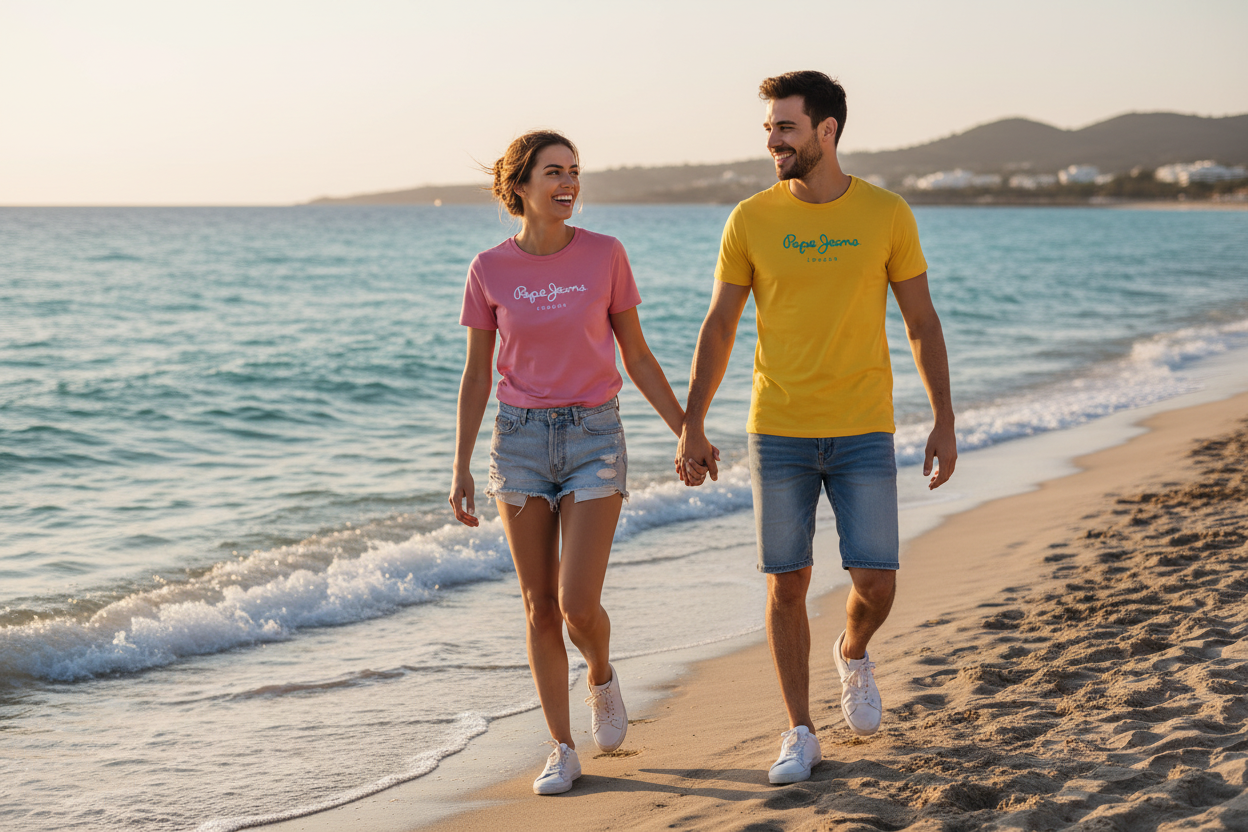 "Coppia in look coordinato Pepe Jeans London estate 2026 — t-shirt rosa donna e gialla uomo al mare"