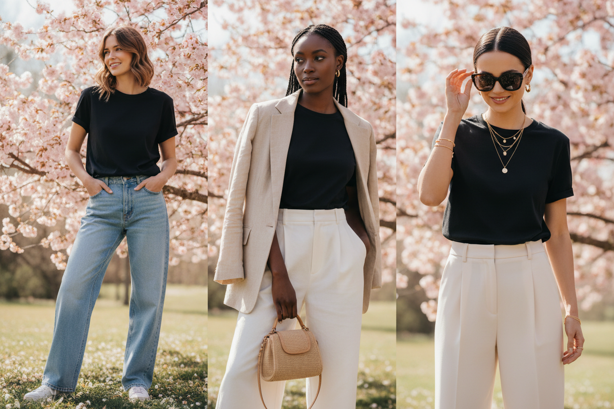 T-shirt nera e primavera: come creare un outfit elegante e senza sforzo