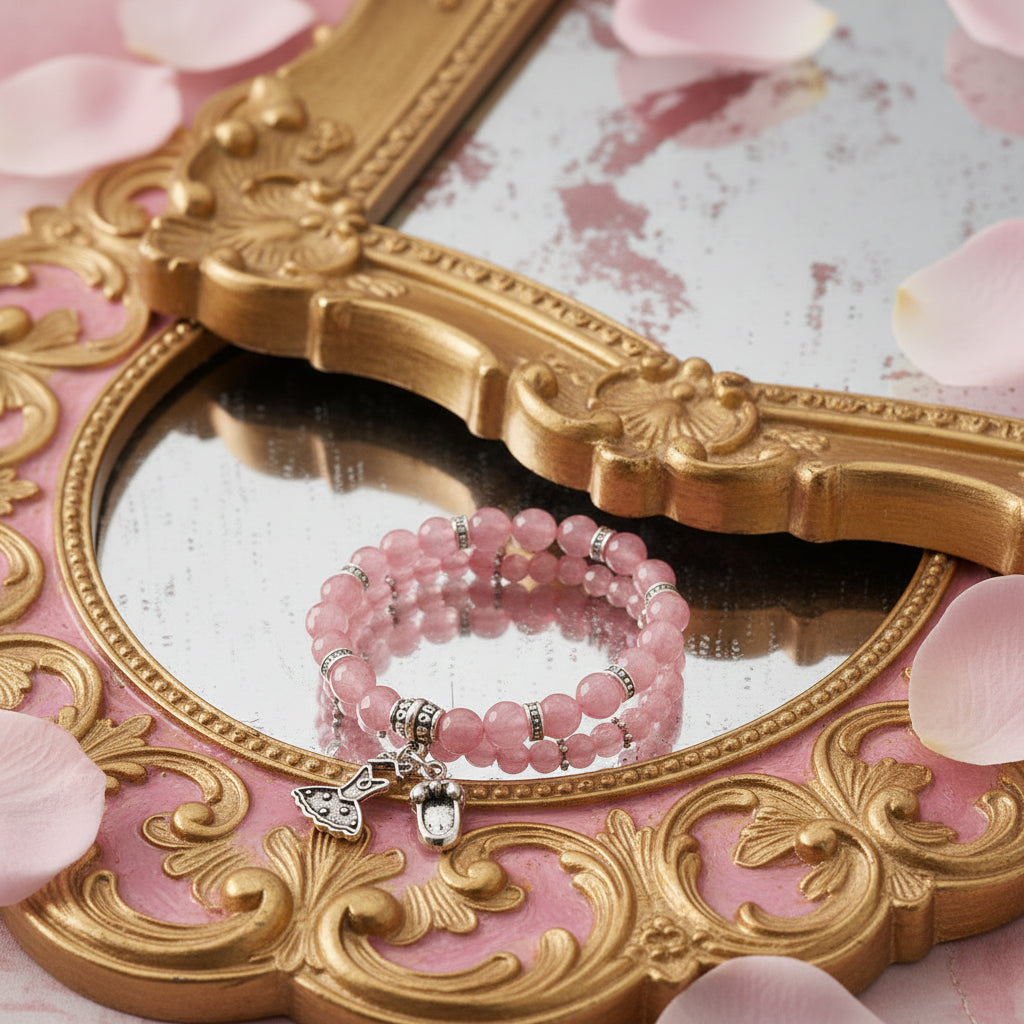 Set 2 Bracciali Artigianali Calcedonio Rosa con Charm Ballerina