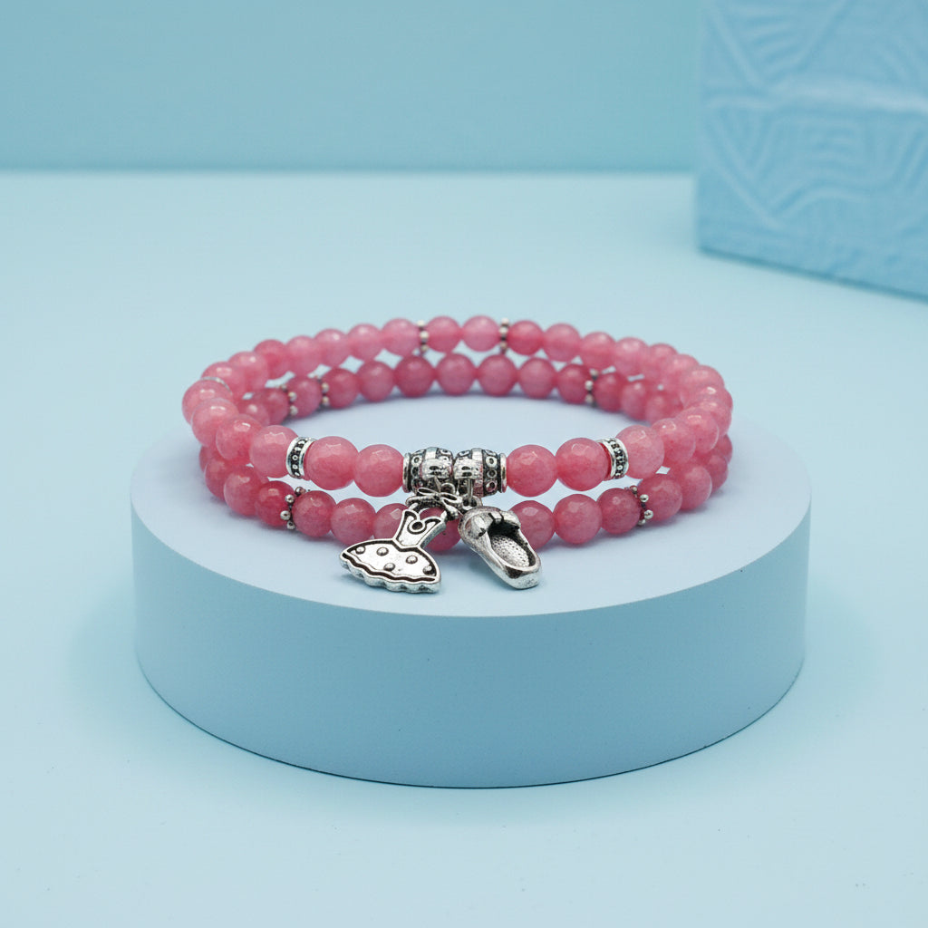Set 2 Bracciali Artigianali Calcedonio Rosa con Charm Ballerina