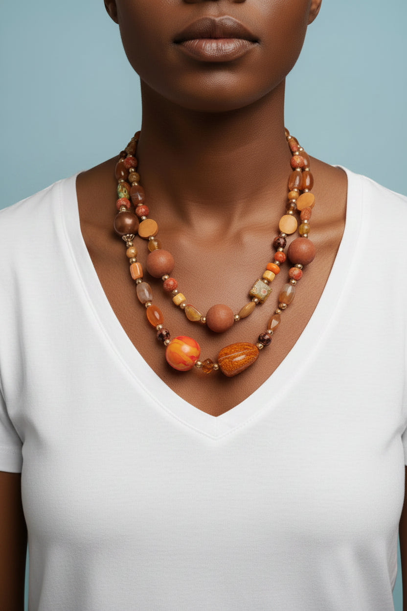 Collana Lunga Artigianale Etnica Perle Miste Terracotta