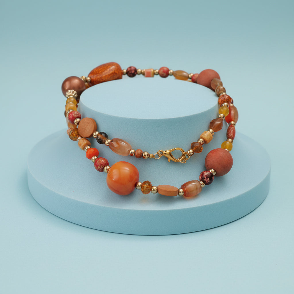 Collana Lunga Artigianale Etnica Perle Miste Terracotta