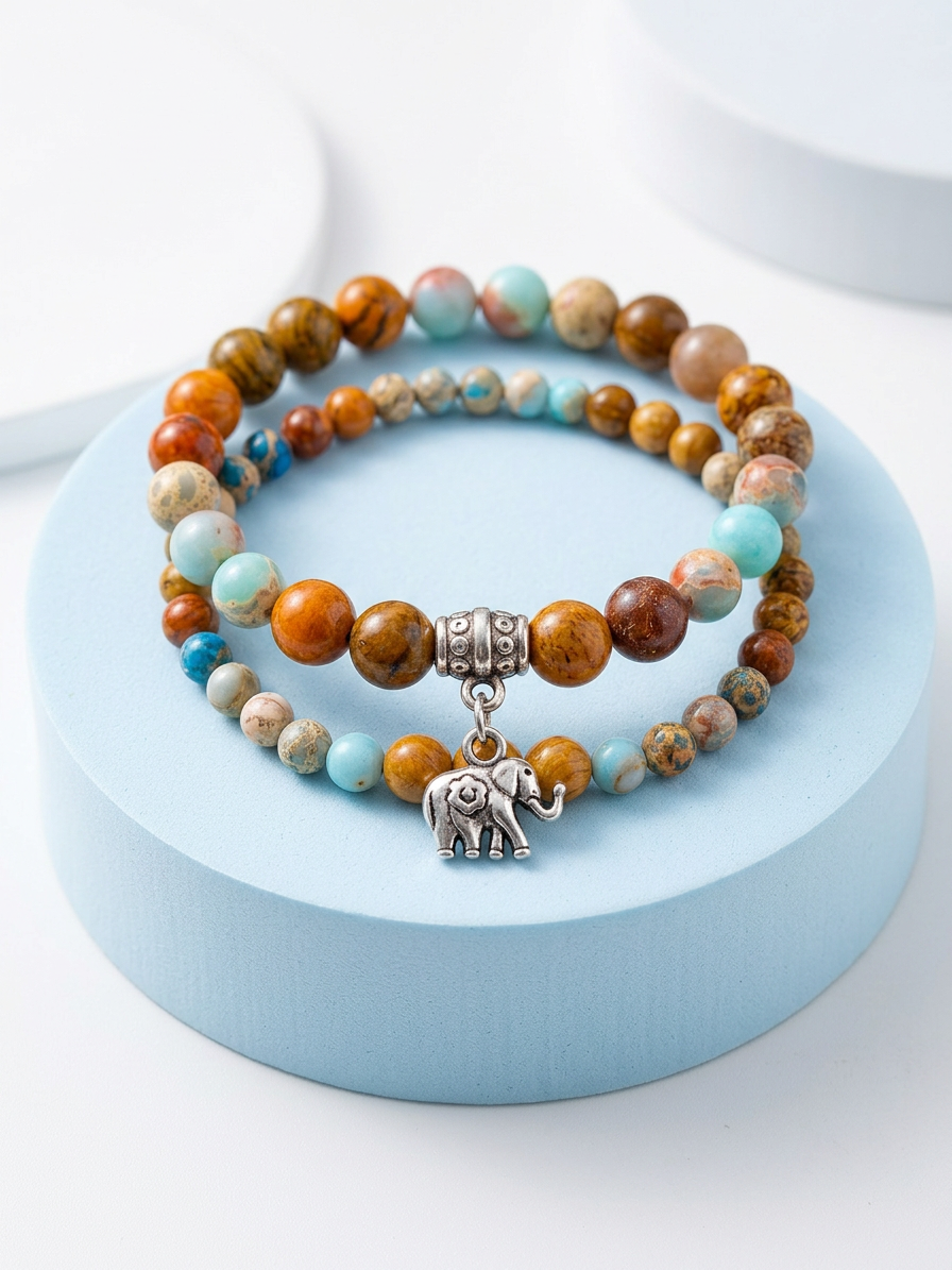 Set 2 Bracciali Unisex Agata e Amazzonite con Ciondolo Elefante