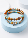Set 2 Bracciali Unisex Agata e Amazzonite con Ciondolo Elefante