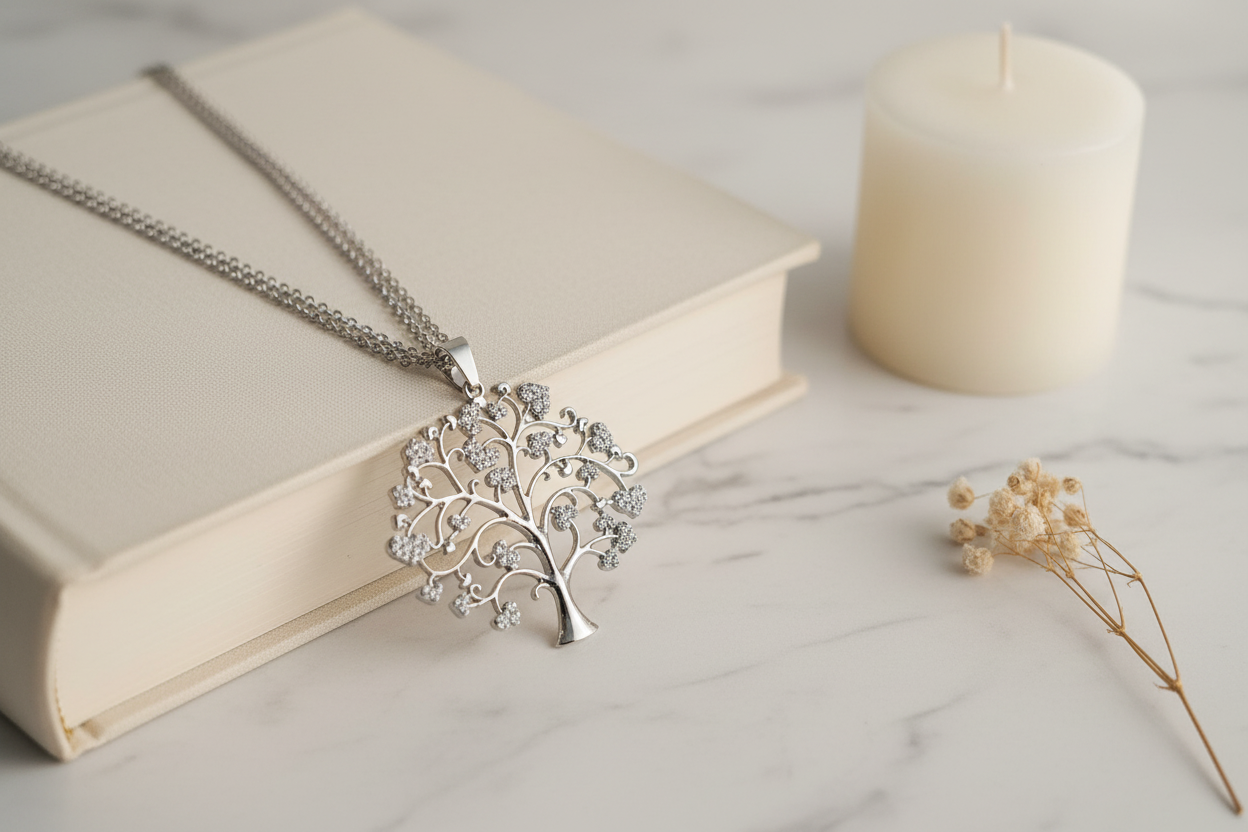 Collana albero della vita su libro chiaro