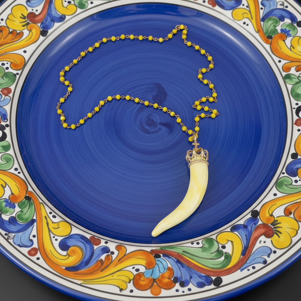 Collana Cornetto Giallo su Piatto Ceramica Napoletana