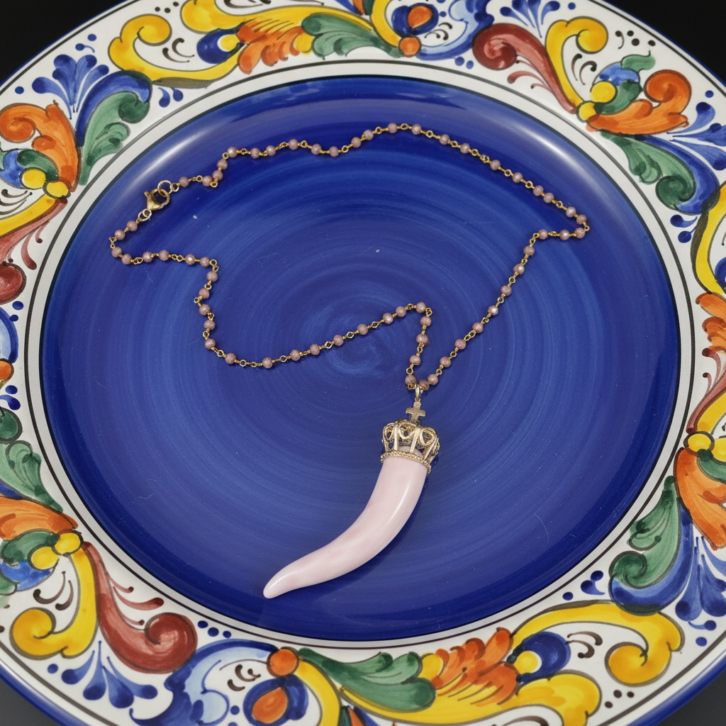 Collana Cornetto Rosa Rigenerata su Piatto Ceramica Napoletana