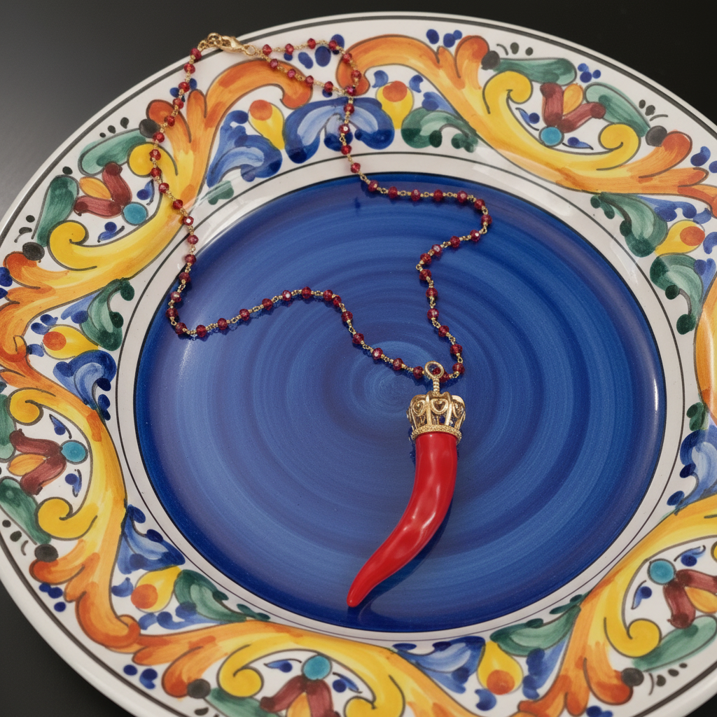 Collana Cornetto Rosso su Piatto Ceramica Napoletana