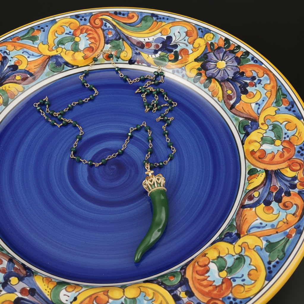 Collana Cornetto Verde Scuro su Piatto Ceramica Napoletana
