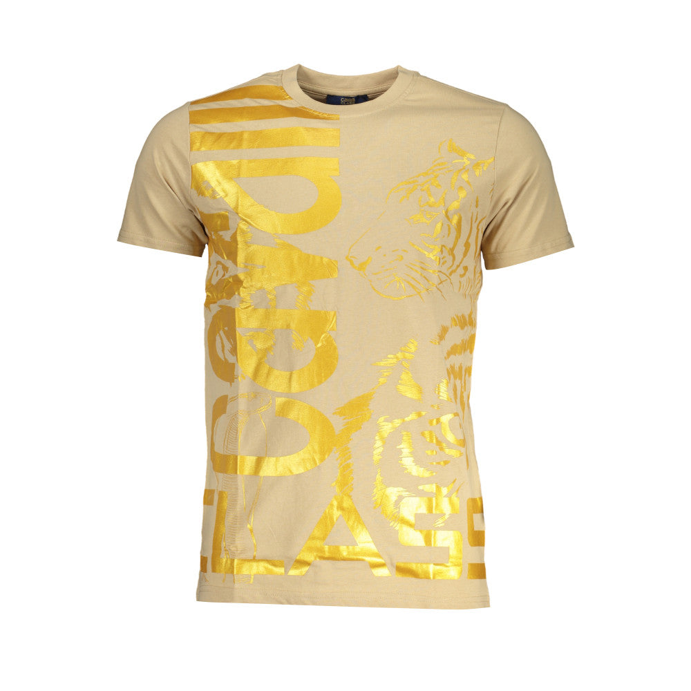 Cavalli Class T-shirt Uomo Manica Corta – Beige e Oro, 100% Cotone, Taglia L