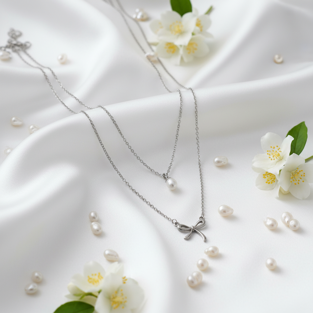 Lamù Collana Doppia Catena Fiocco e Perla mood romantico seta e perle