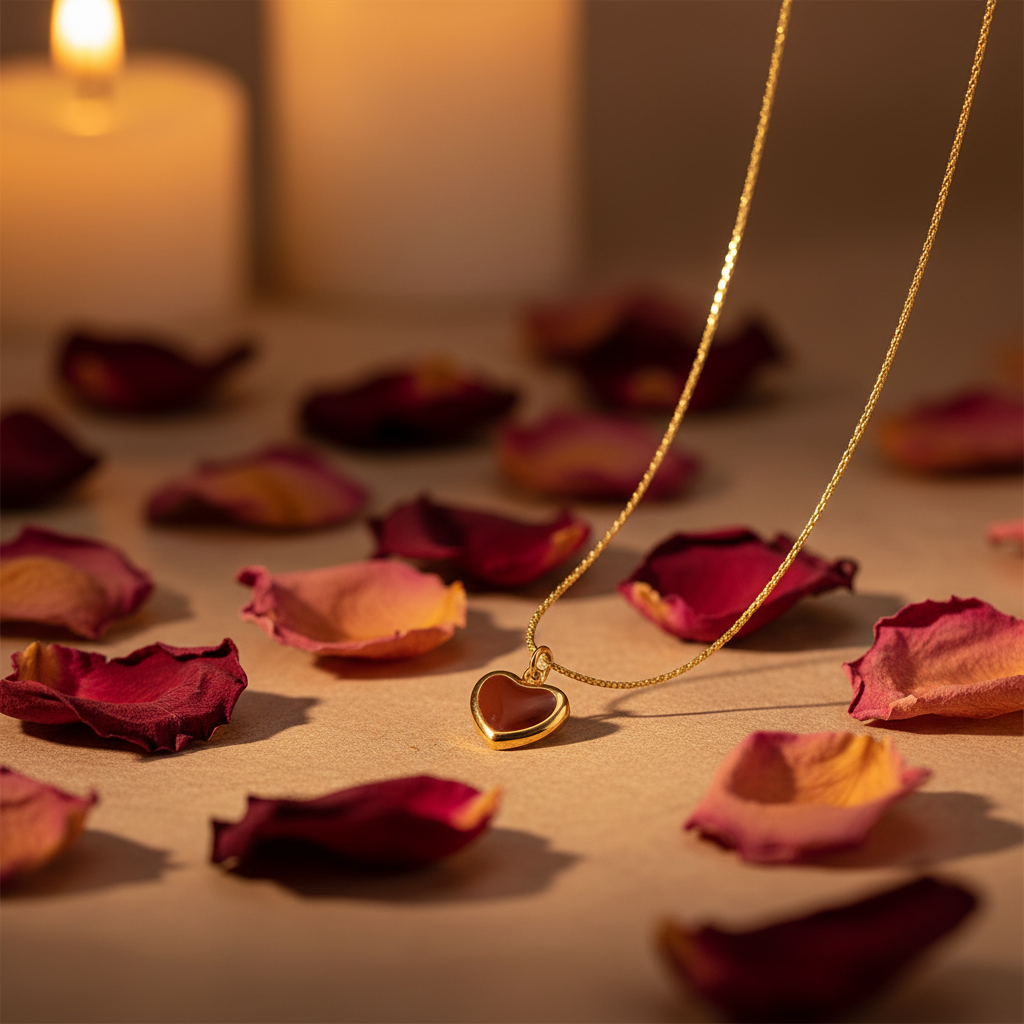 Lamù Collana Oro 18k Cuore Smaltato Marrone mood petali di rosa