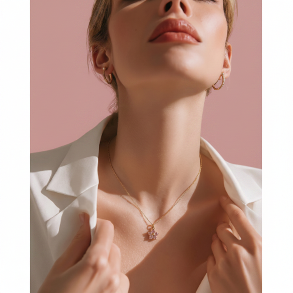 Collana fiore strass rosa indossata