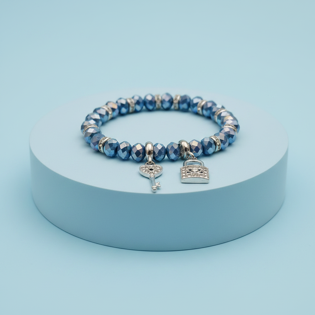 Bracciale perle vetro blu con ciondoli chiave e lucchetto su piedistallo azzurro pastello