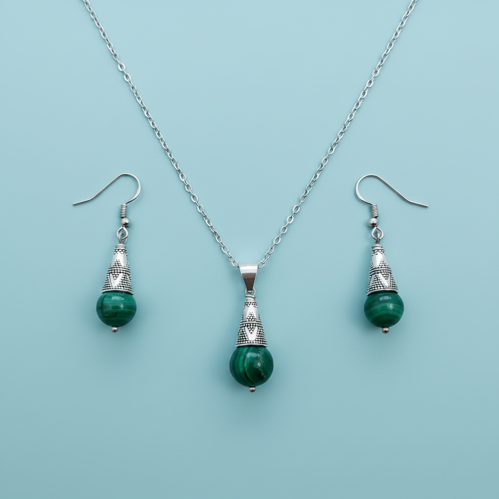 Set collana e orecchini malachite – flat lay verde salvia
