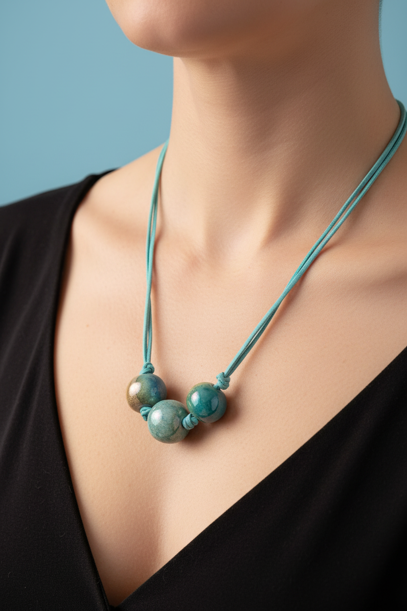 Collana ceramica colata greca indossata sul décolleté