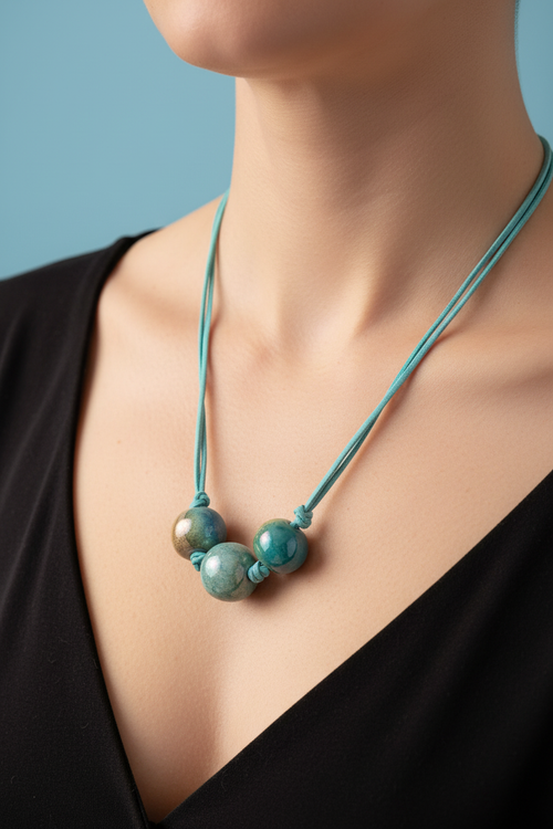Collana ceramica colata greca indossata sul décolleté