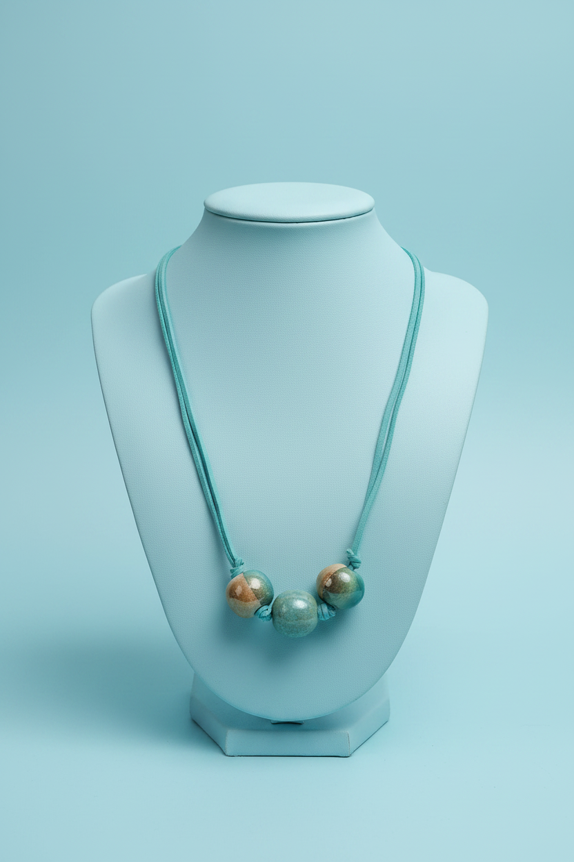 Collana ceramica colata greca su busto espositore azzurro pastello