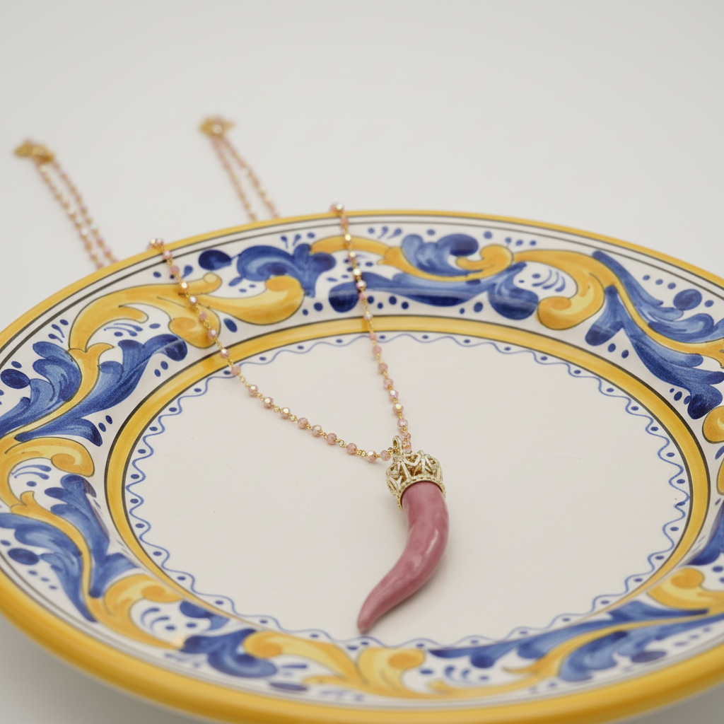 Collana cornetto rosa scuro su piatto ceramica napoletana