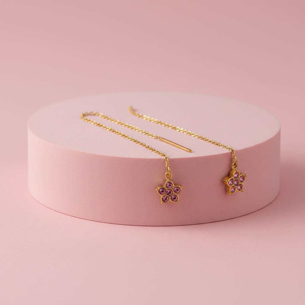 Orecchini saliscendi fiore strass rosa su piedistallo rosa cipria