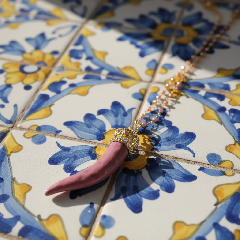 Collana cornetto rosa scuro su mattonelle napoletane