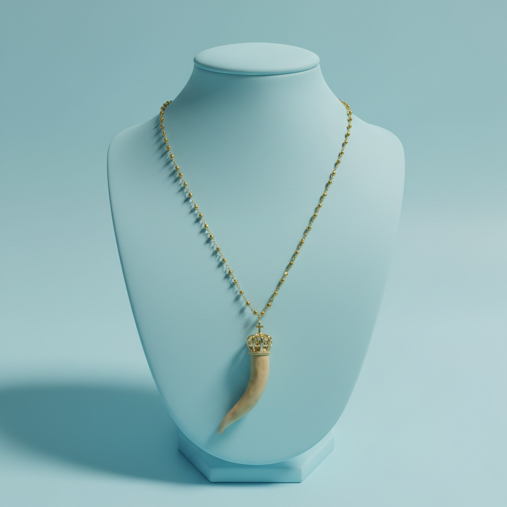 Collana artigianale cristalli oro cornetto beige portafortuna – collo vetrina