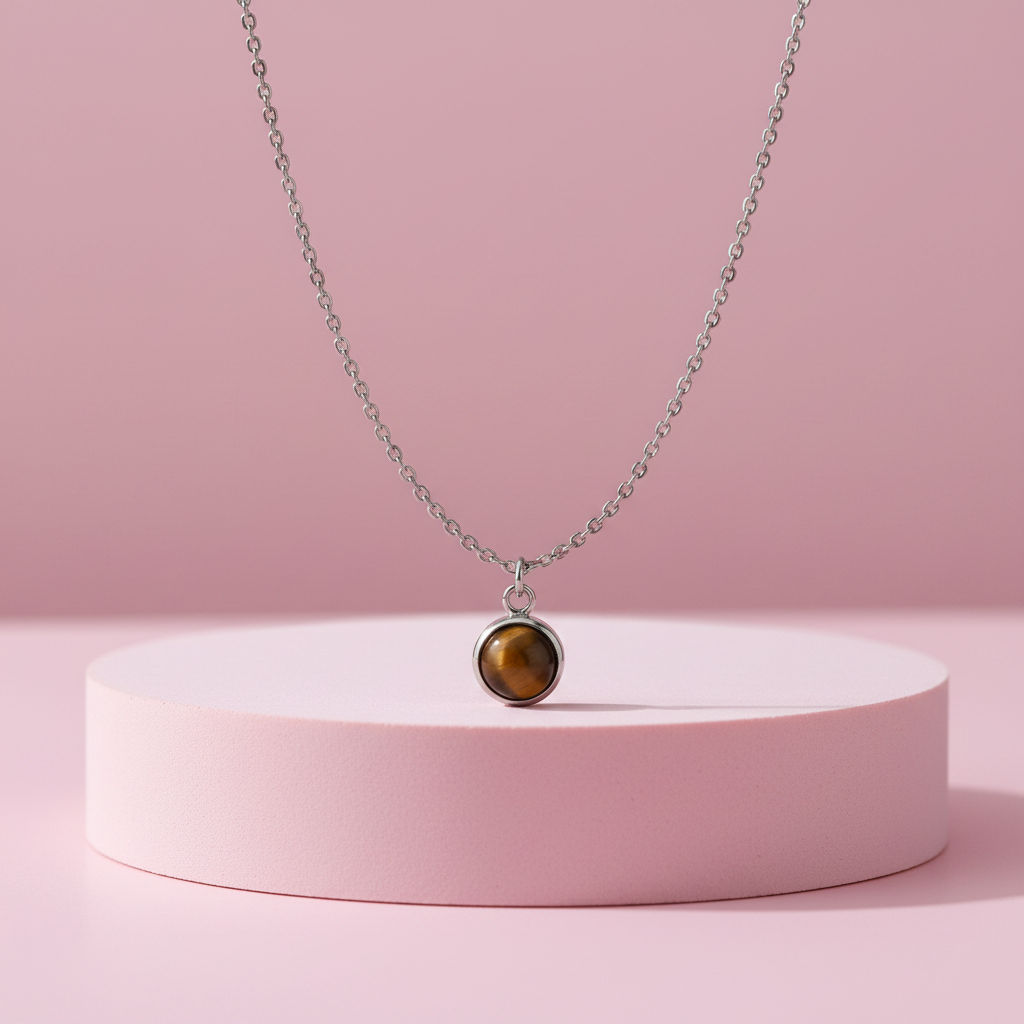 Collana occhio di tigre su piedistallo rosa cipria