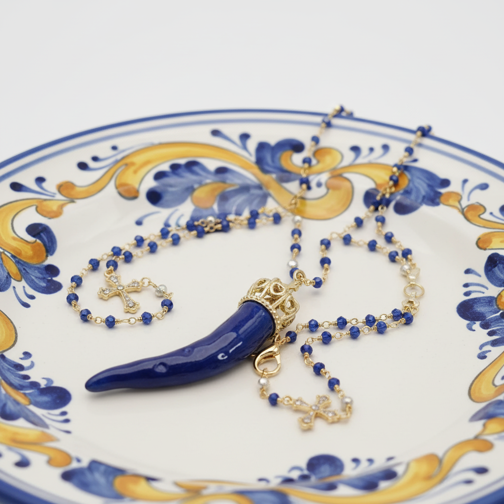 Collana cornetto blu su piatto ceramica napoletana
