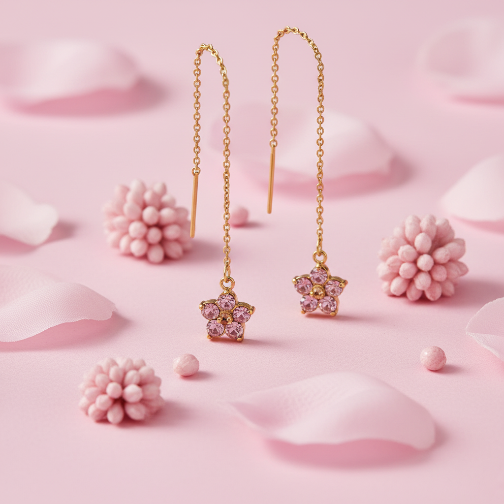 Orecchini saliscendi fiore strass rosa mood editoriale floreale