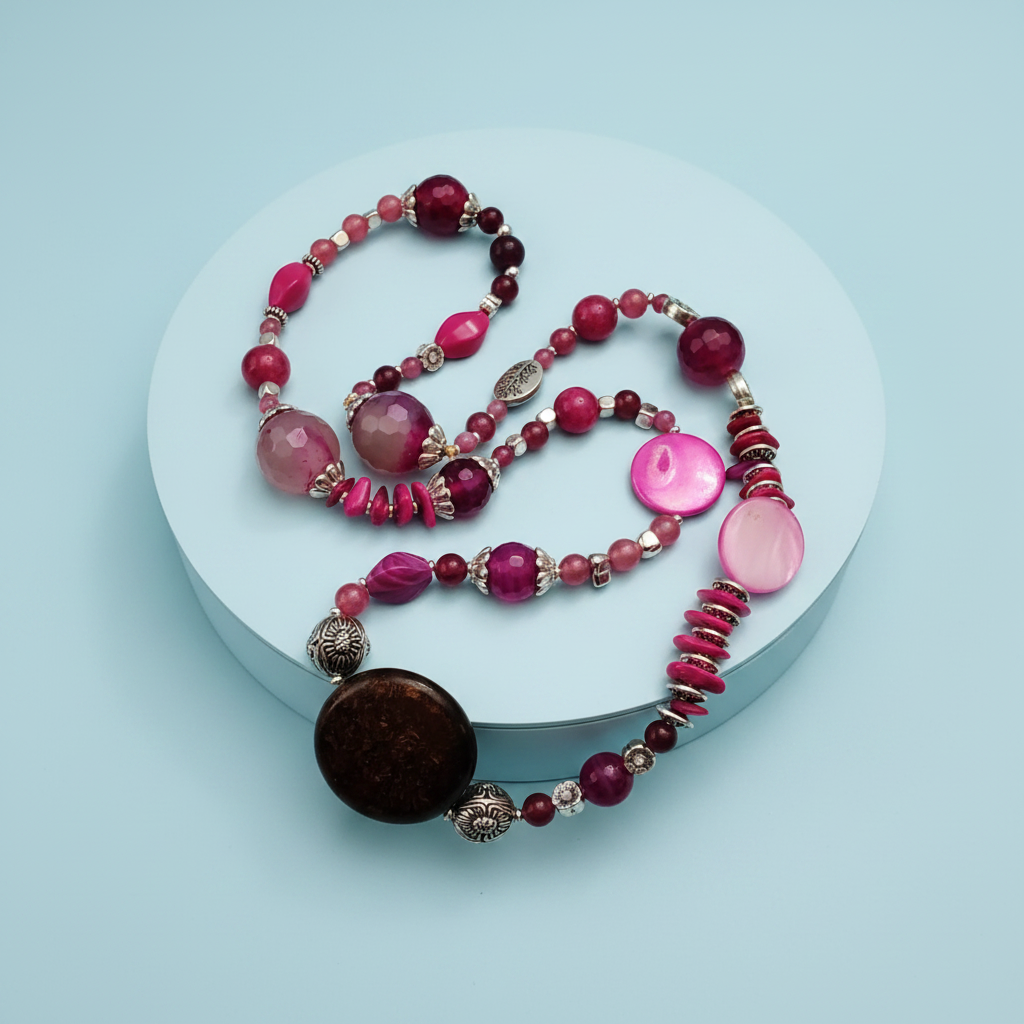 Collana boho perle agata fucsia su piedistallo azzurro pastello – Tredi Bijoux