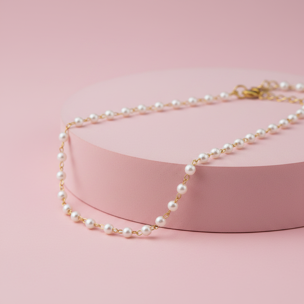 Collana catena oro perline bianche su piedistallo rosa cipria