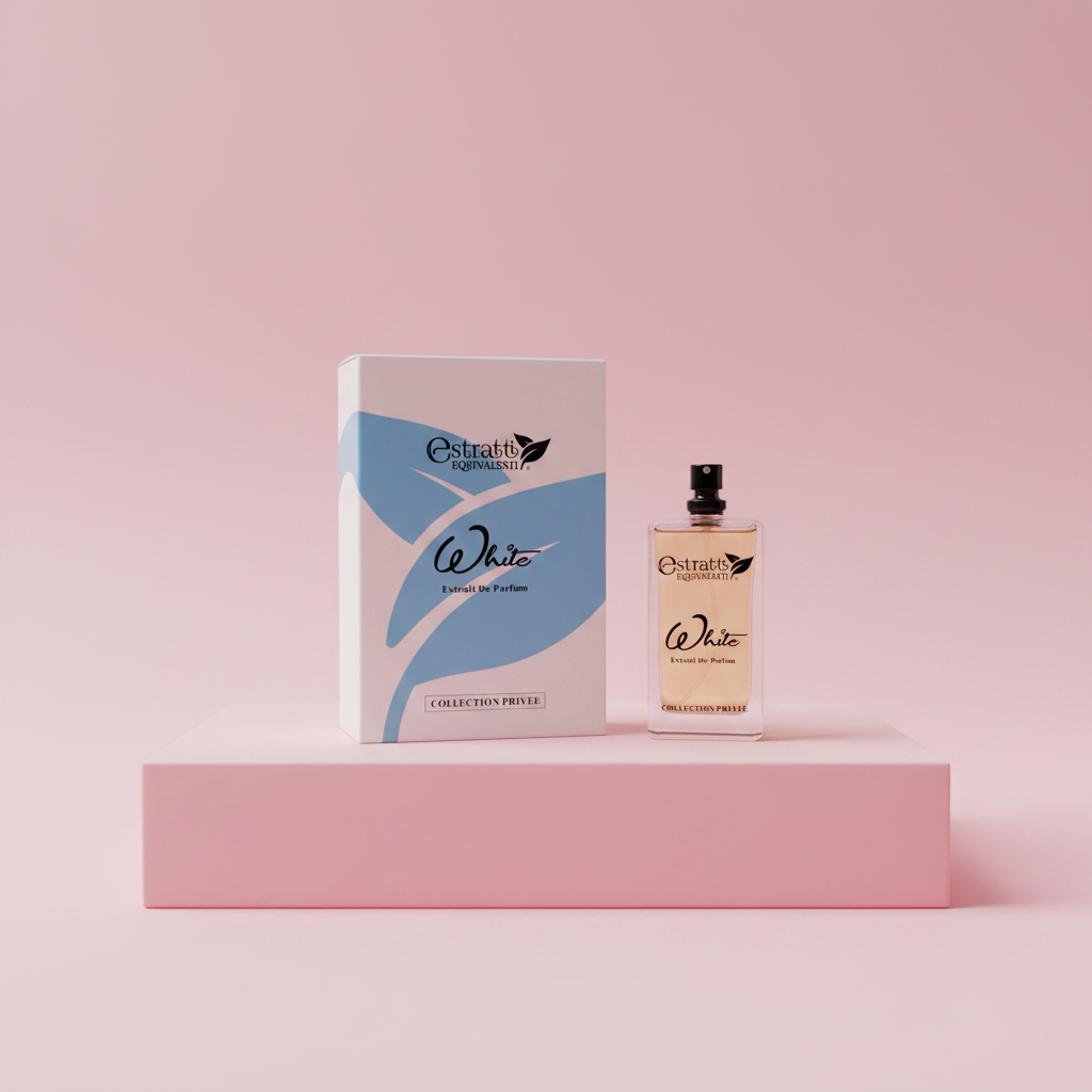 Estratti Equivalenti White flacone e scatola su piedistallo rosa cipria
