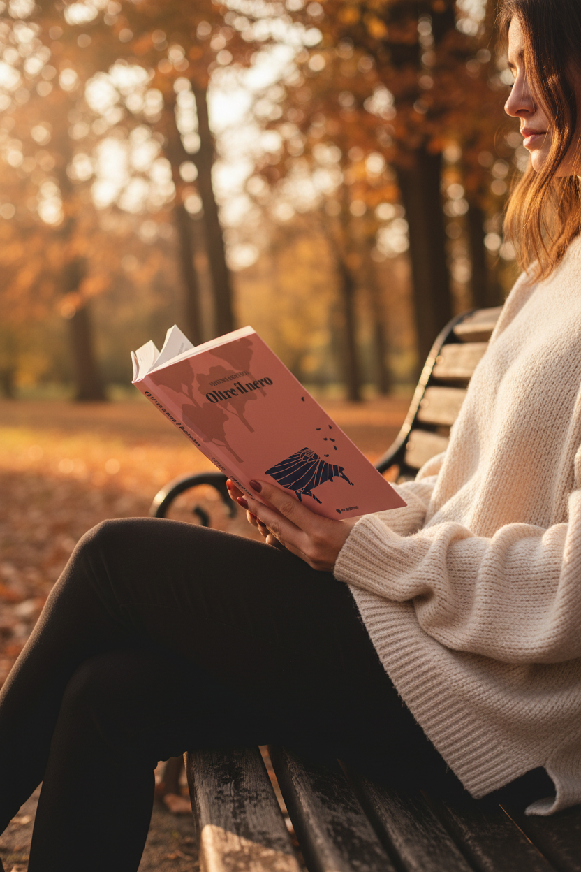 Oltre il nero - editoriale donna su panchina in parco autunnale