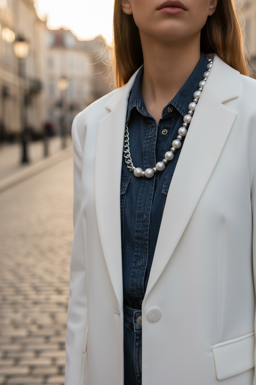 Donna con blazer bianco indossa collana perle e catena grumette argento – Tredi Bijoux