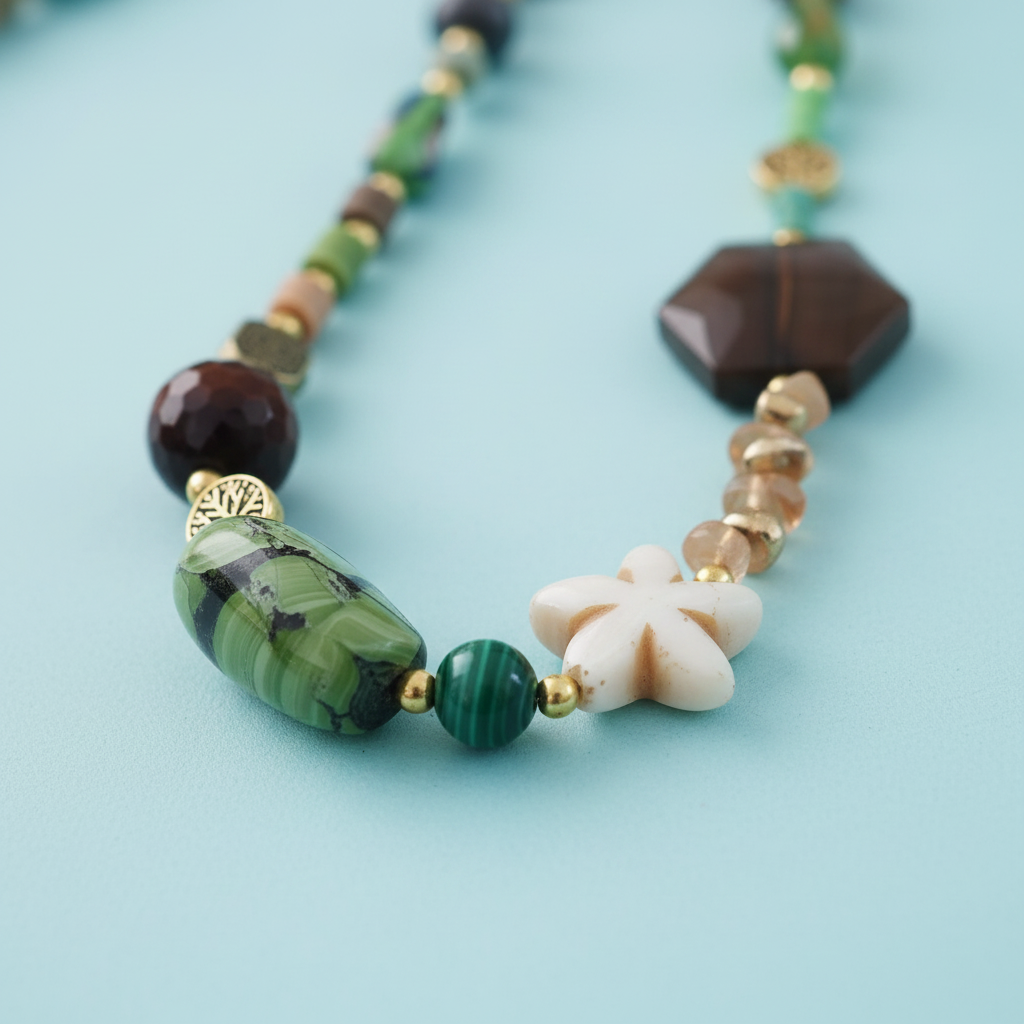 Collana lunga boho – dettaglio parte inferiore fiori e pietre colorate