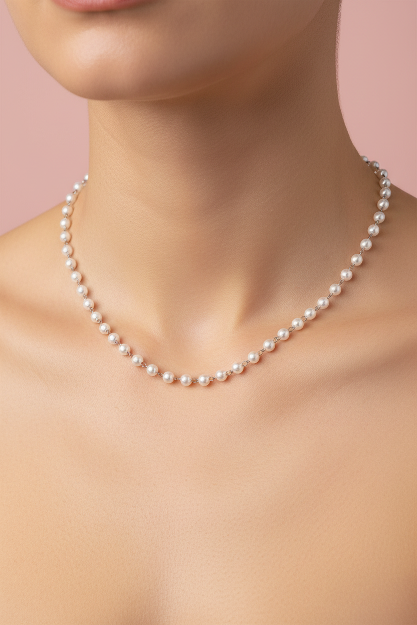 Lamù collana acciaio catena perline bianche madreperla indossata