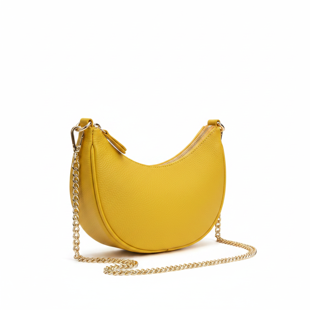 Diva's Anais Pochette Pelle Gialla - vista laterale zip e doppia catena oro