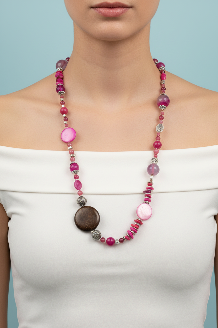 Donna indossa collana boho perle agata fucsia caduta sopra il petto – Tredi Bijoux
