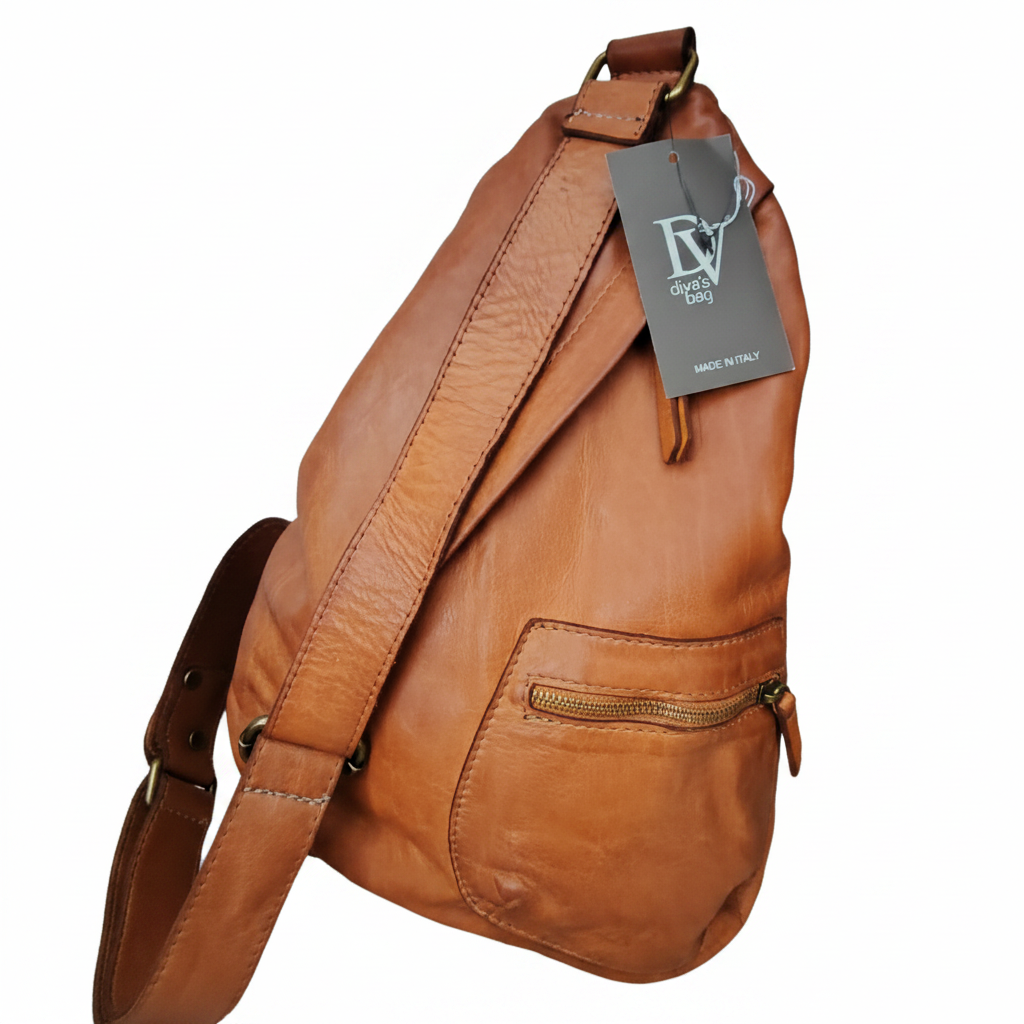 Diva's Bag Murphy Monospalla Vera Pelle Cognac - vista laterale con tag