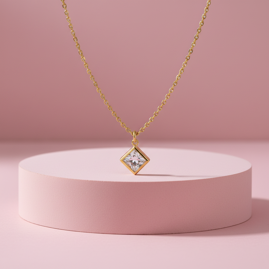 Collana rombo zircone cristal su piedistallo rosa cipria