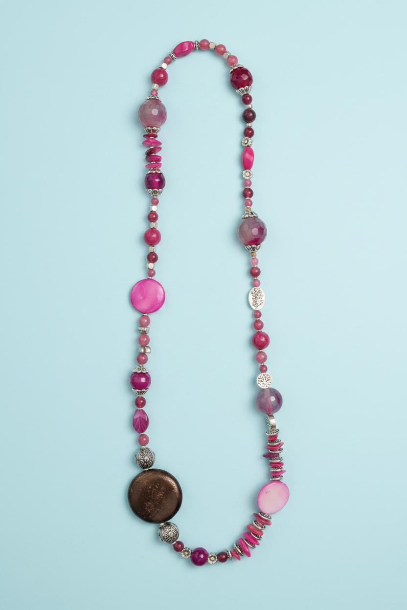 Collana boho perle agata fucsia flat lay azzurro pastello – Tredi Bijoux