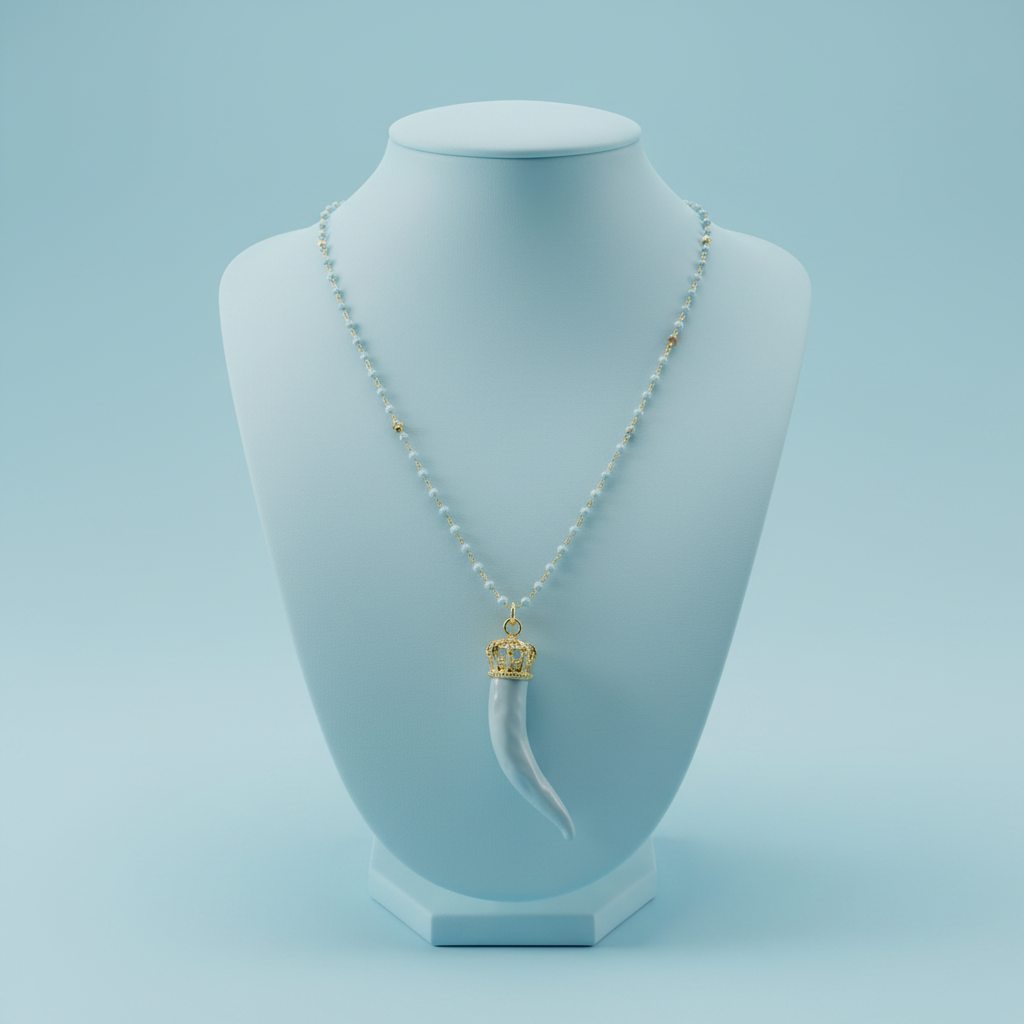 Collana artigianale cristalli azzurri cornetto azzurro portafortuna – collo vetrina