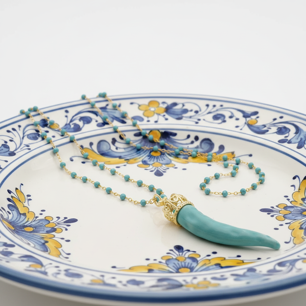 Collana cornetto tiffany su piatto ceramica napoletana