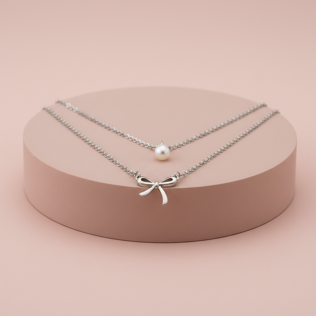 Lamù Collana Doppia Catena Fiocco e Perla su piedistallo rosa cipria