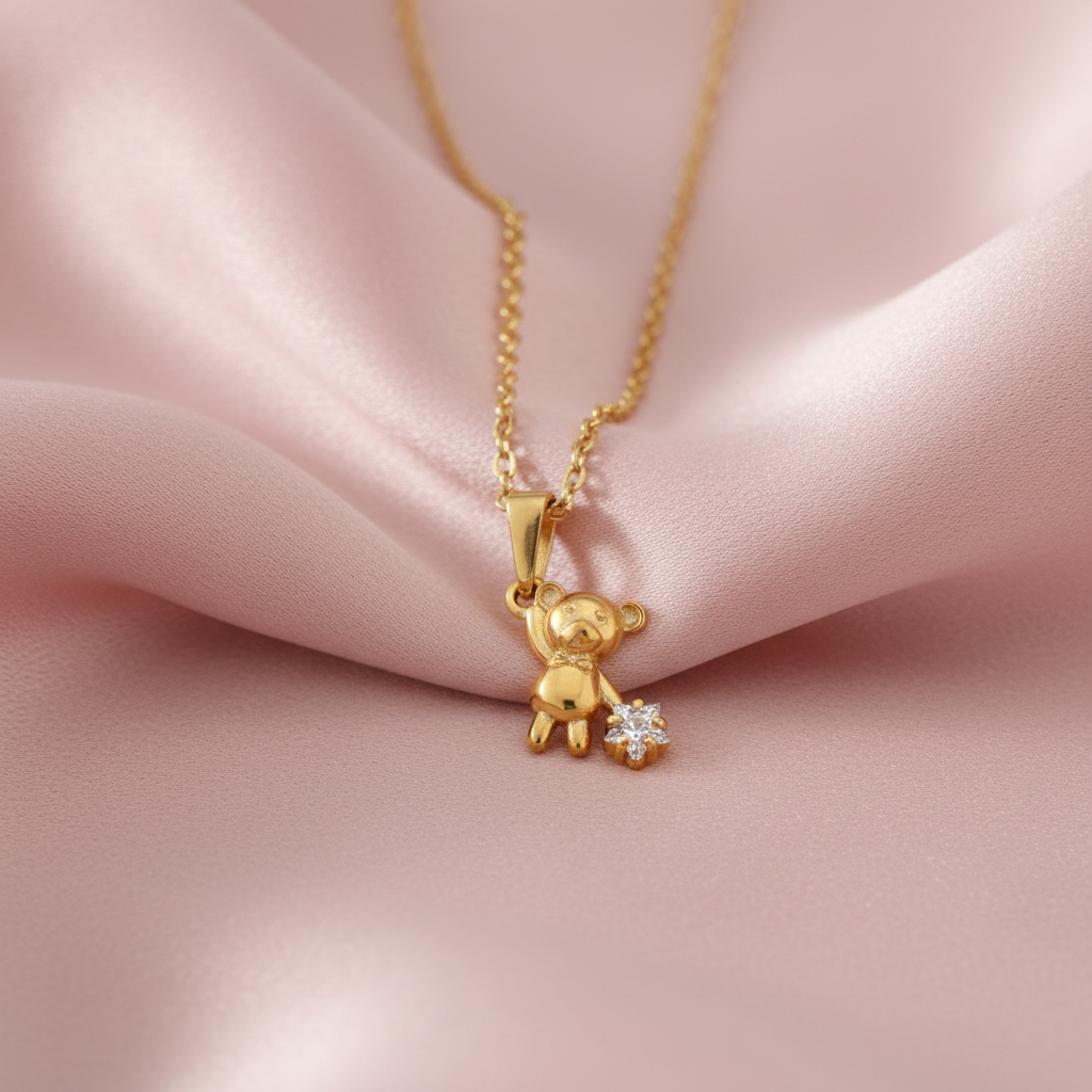 Collana charm orsetto zircone mood seta rosa cipria
