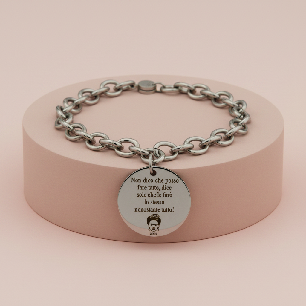 Lamù Bracciale Medaglia Frida Kahlo su piedistallo rosa cipria