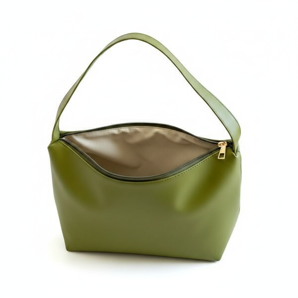 Borsa donna verde oliva interno zip dorata fodera beige